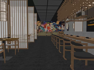 Modern Japanese Restaurant Interior With Wooden Tables Seats And Colorful Mural 3d model