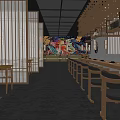 Modern Japanese Restaurant Interior With Wooden Tables Seats And Colorful Mural