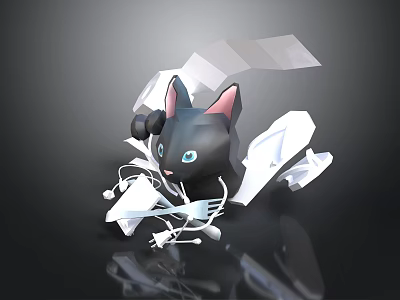 Black Cat With Blue Eyes Surrounded By White Geometric Fragments On Black Background With Reflection 3d model
