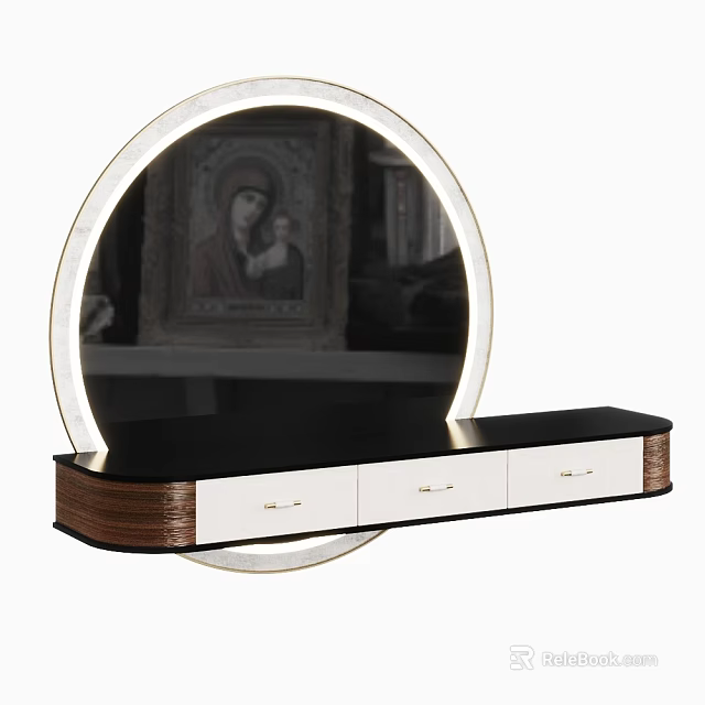 Elegant Modern Dressing Table With Circular Mirror Black Countertop White Drawers And Gold Handles 3d model 
