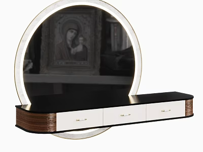 Elegant Modern Dressing Table With Circular Mirror Black Countertop White Drawers And Gold Handles 3d model