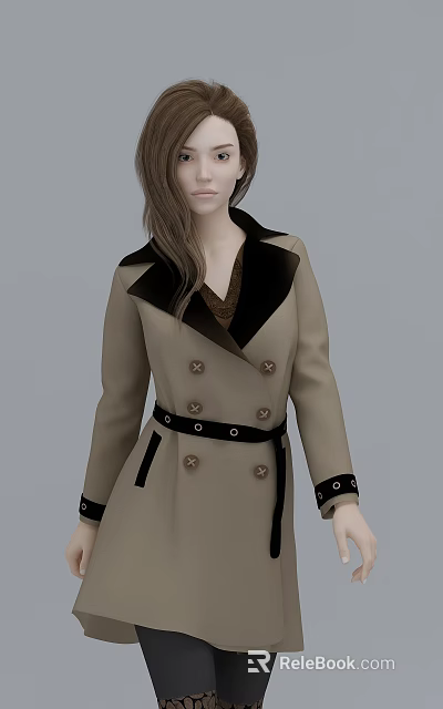 Woman Wearing Beige Double Breasted Coat With Black Collar Belt And Cuff Details 3d model
