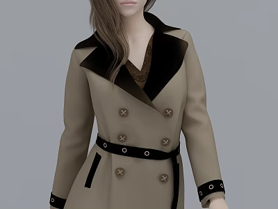 Woman Wearing Beige Double Breasted Coat With Black Collar Belt And Cuff Details 3d model