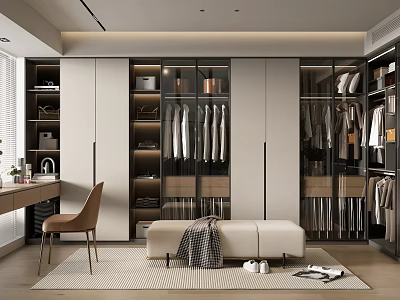Modern Walk In Closet With Built In Storage Bench Vanity Desk And Chair 3d model