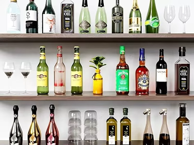 Various Decorative Wine Bottles And Glasses Arranged On Shelf For Home Bar 3d model