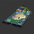 Cartoon Scene on Smartphone Screen with Beach Palm Tree Small House and Colorful App Icons