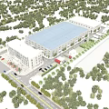 Modern Industrial Factory Complex Featuring Lush Greenery Attached Office Building Parking Area And Delivery Trucks