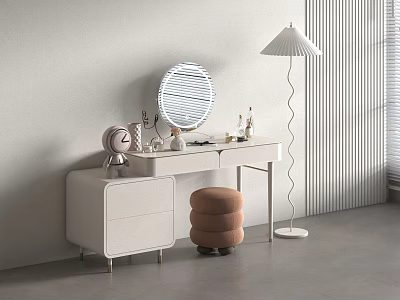 Modern Elegant Dressing Table Interior With Round Mirror Floor Lamp And Soft Stool 3d model