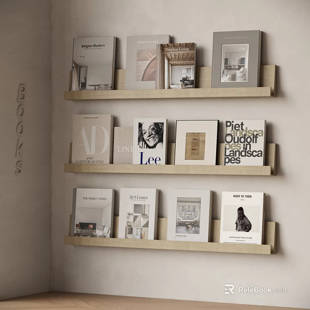 Minimalist Wooden Wall Mounted Bookshelf With Stacked Books Including AD Piet Oudolf Landscapes 3d model 