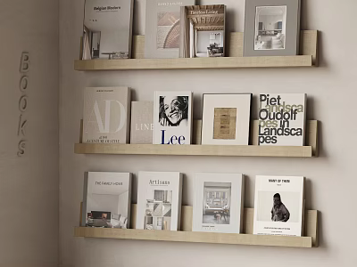 Minimalist Wooden Wall Mounted Bookshelf With Stacked Books Including AD Piet Oudolf Landscapes 3d model