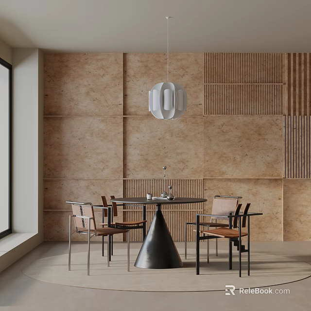 Modern Interior Dining Table Set With Round Table Wooden Wall Paneling Pendant Light And Chairs 3d model 