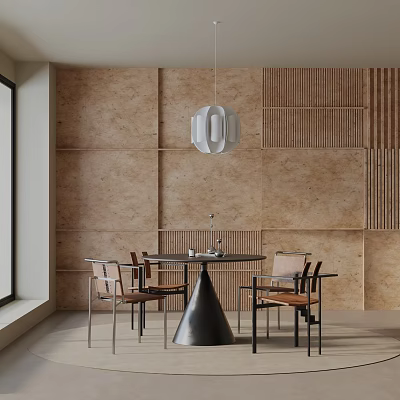 Modern Interior Dining Table Set With Round Table Wooden Wall Paneling Pendant Light And Chairs 3d model
