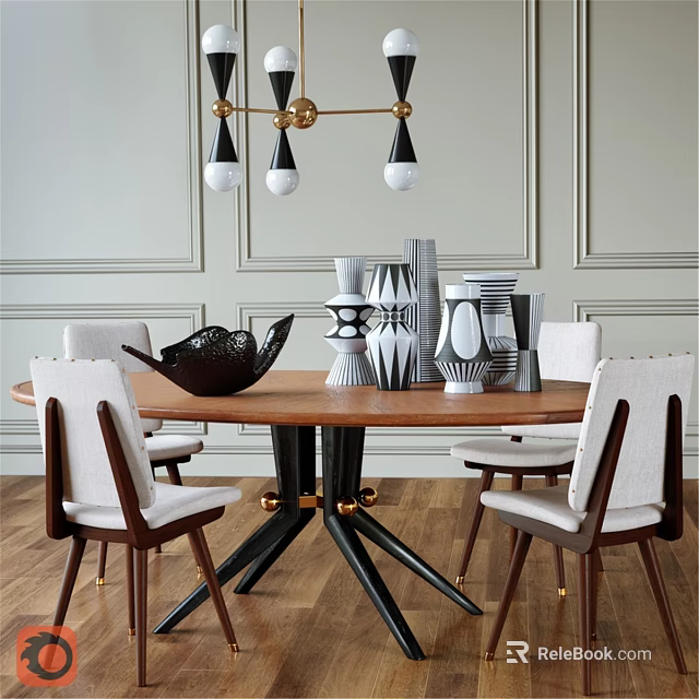Modern Wooden Round Dining Table With White Chairs Vases Black Decorative Bowl And Chandelier 3d model 