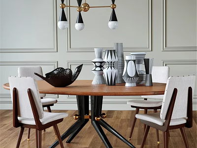 Modern Wooden Round Dining Table With White Chairs Vases Black Decorative Bowl And Chandelier 3d model
