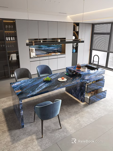 Modern Open Restaurant Kitchen Interior With Blue Marble Island Counter And Cabinets 3d model 