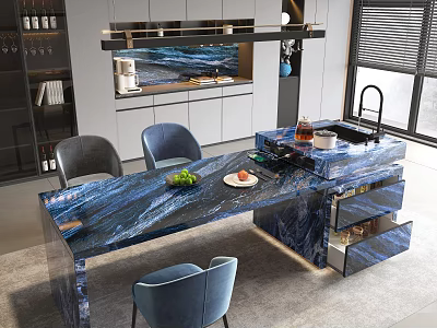 Modern Open Restaurant Kitchen Interior With Blue Marble Island Counter And Cabinets 3d model