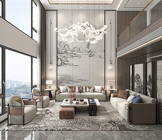 New Chinese Duplex Living Room Villa Living Room 3d model