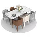 Modern Dining Table Set with Brown Beige Checkered Chairs and Flower Vase Mugs 3d model