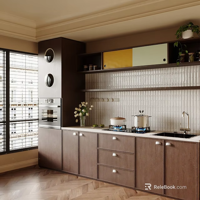Modern Kitchen Cookware With Dark Cabinets Tile Backsplash Countertop Pots And Plants 3d model 