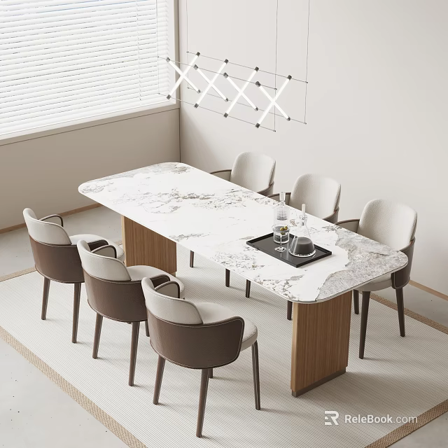 Modern Minimalist Dining Table Set With Marble Tabletop Wooden Legs And Upholstered Chairs 3d model 