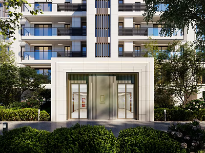 Modern Building Exterior Design with Stone Facade Glass Balconies and Lush Greenery 3d model