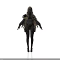 Woman In Stylish Hooded Outfit With Detailed Shoulder Armor Waist Gear And Long Boots