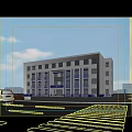 Modern White Multi Story Building with Blue Accents in Urban Plaza with People Walking