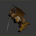 Man Wearing Gold and White Armor Holding Sword and Shield in Warrior Pose