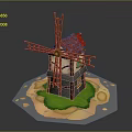 Cartoon Style Miniature Windmill With Wooden Structure Red Roof And Green Grass Base