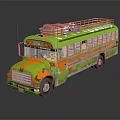 Vibrant Green And Orange Colorful Striped School Bus With Roof Rack Carrying Luggage Items