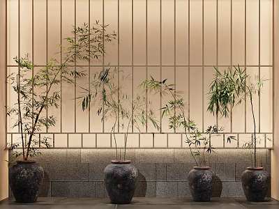Bamboo Bonsai Plants Of Various Heights In Dark Ceramic Pots Against Vertical Striped Wall 3d model