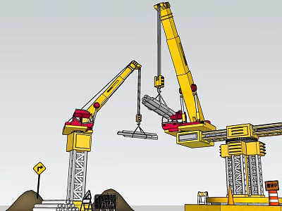 Two Yellow Industrial Cranes Lifting Metal Structure At Construction Site With Safety Signs 3d model
