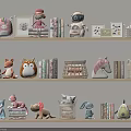 Assorted Stuffed Animal Dolls Display On Bookshelf With Books And Decorative Items
