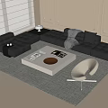 Modern Black L Shaped Sofa and White Square Coffee Table Set with Grey Rug and Decorative Walls