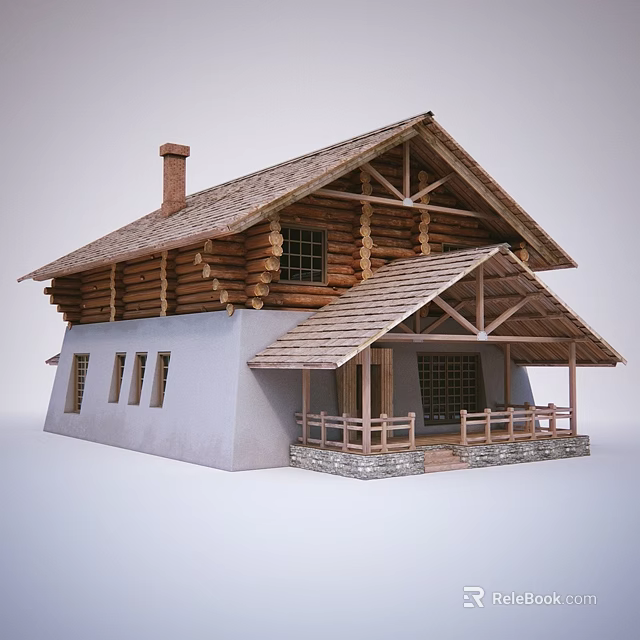Detached Villa With Log Structure Sloped Roof Chimney Porch Railing And Windows 3d model 