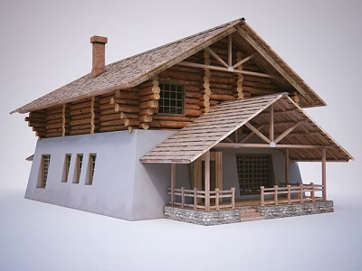 Detached Villa With Log Structure Sloped Roof Chimney Porch Railing And Windows 3d model
