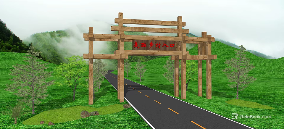 Wooden Memorial Archway at Rural Road Entrance with Green Mountains and Trees 3d model 