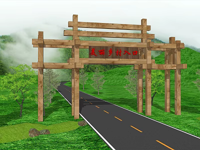 Wooden Memorial Archway at Rural Road Entrance with Green Mountains and Trees 3d model