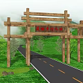 Wooden Memorial Archway at Rural Road Entrance with Green Mountains and Trees