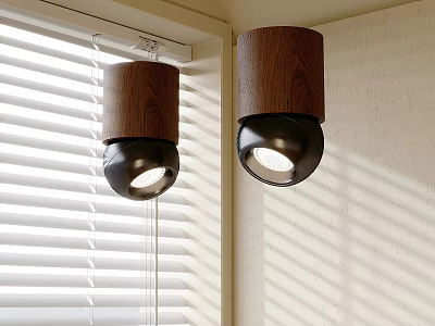 Wooden Downlights with Black Heads in Corner by Window Blinds Casting Light Rays on Wall 3d model