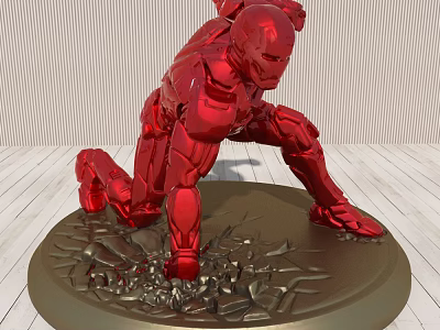 Shiny Red Iron Man Action Figure Kneeling On Cracked Base Display Model 3d model