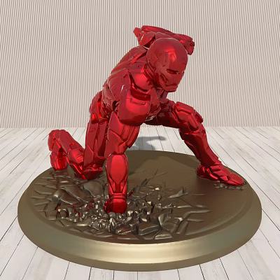Shiny Red Iron Man Action Figure Kneeling On Cracked Base Display Model 3d model