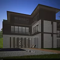 Modern Style Detached Villa Exterior With Large Glass Windows Courtyard And Green Lawn
