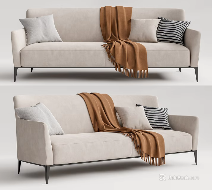 Modern Beige Fabric Sectional Sofa With Striped Throw Pillows Brown Blanket And Metal Legs 3d model 