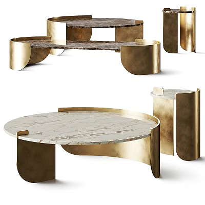Elegant Modern Coffee Table With Golden Metal Frame And Marble Top In Circular Shape Design 3d model