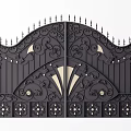 Ornate Iron Gate With Intricate Carvings Stone Pillars And Lamp Posts Front Residential House Trees