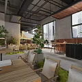 Industrial Style Café with Wooden Furniture Stone Walls Green Plants and Natural Light
