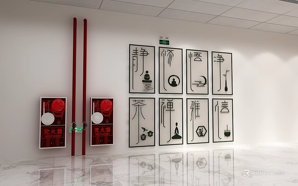 Furniture Showroom With White Walls Black Line Art Decor Red Pillars And Marble Flooring 3d model 
