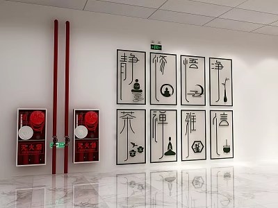 Furniture Showroom With White Walls Black Line Art Decor Red Pillars And Marble Flooring 3d model