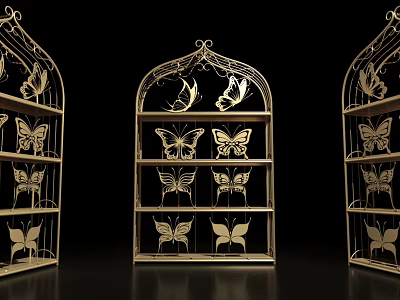 Golden Arched Display Shelves with Elegant Butterfly Decorations and Multi-layer Design 3d model